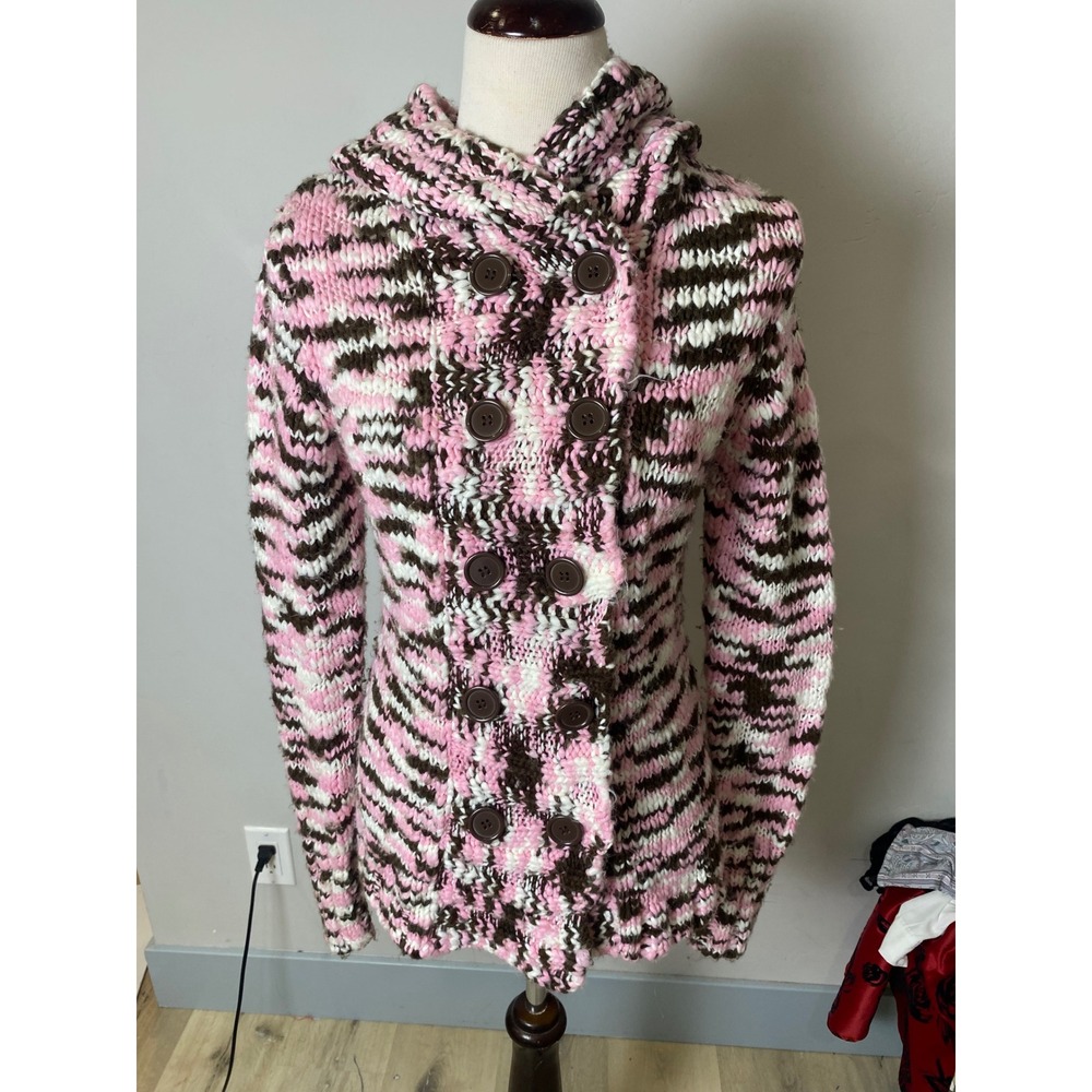 Takeout Y2K Chunky Knit Hooded Cardigan Pink Brown White Space Dye Large